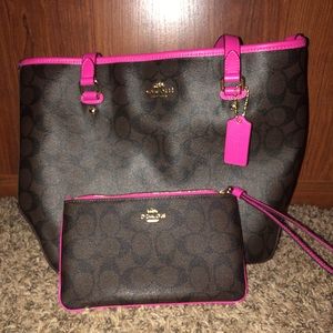 COACH Signature Top Zip Tote Brown/Pink Ruby